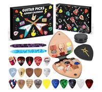 Guitar Picks Advent Calendar 2025, 24 Days Christmas Countdown Calendar Advent, Musical Surprises with 20 Colorful Guitar Picks 2 Oudelpo Picks 1 Leather Paddle Pouch 1 Metal Case (1set)