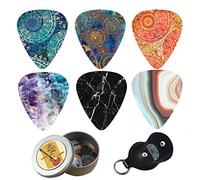 Guitar Picks - Cheliz 12 Medium Gauge Celluloid Guitar Picks In a Box W/Picks Holder. Unique Guitar Gift For Bass, Electric & Acoustic Guitars (Flower Stone)
