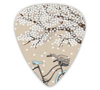 Guitar Picks Picks 12 Pack with Thin Box,Blossoming Tree With Little White Flowers In The Spring And A Bike Sketch Artwork,Special Guitar Plectrums Gift Set for Guitarist