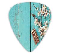 Guitar Picks Picks 12 Pack with Thin Box,Cherry Flowers With Color Pencils On Blue Toned Rustic Background,Special Guitar Plectrums Gift Set for Guitarist