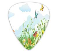 Guitar Picks Picks 12 Pack with Thin Box,Clouds With Spring Meadow With Butterflies And Green Grass Chamomile Blossom Garden,Special Guitar Plectrums Gift Set for Guitarist