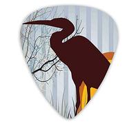 Guitar Picks Picks 12 Pack with Thin Box,Heron Silhouette Standing On Tall Grass With Circles And Vertical Stripes Background,Special Guitar Plectrums Gift Set for Guitarist