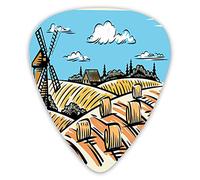 Guitar Picks Picks 12 Pack with Thin Box,Illustration Of A Windmill And Hay Bales Harvest Season,Special Guitar Plectrums Gift Set for Guitarist