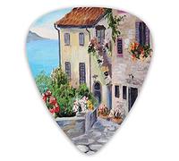 Guitar Picks Picks 12 Pack with Thin Box,Old Houses In A Small Town Sea And Flower Pots At Windows Oil Painting Style,Special Guitar Plectrums Gift Set for Guitarist