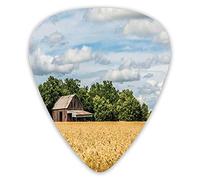 Guitar Picks Picks 12 Pack with Thin Box,Pastoral Photo Of Cottage Front Of Trees In A Wheat Field Countryside,Special Guitar Plectrums Gift Set for Guitarist