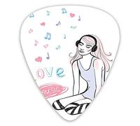 Guitar Picks Picks 12 Pack with Thin Box,Pretty Young Girl With Headphones Love Music Typography Tiny Musical Notes And Hearts,Special Guitar Plectrums Gift Set for Guitarist