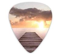 Guitar Picks Picks 12 Pack with Thin Box,Sunset Photo Old Wooden Pier Deck Over The Sea Horizon Clouds Ocean Art,Special Guitar Plectrums Gift Set for Guitarist