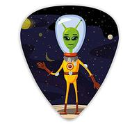 Guitar Picks Picks 12 Pack with Thin Box,Ufo Cartoon Of Funny Creature In Spacesuit Standing On The Moon And Space Backdrop,Special Guitar Plectrums Gift Set for Guitarist