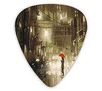 Guitar Picks Picks 12 Pack with Thin Box,Woman With Red Umbrella In Street At Rainy Night In Town Shadow Urban Scenery,Special Guitar Plectrums Gift Set for Guitarist