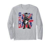 Guitar Playing Cat in Punk Outfit with Union Jack Long Sleeve T-Shirt