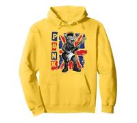 Guitar Playing Cat in Punk Outfit with Union Jack Pullover Hoodie