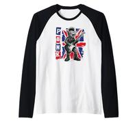 Guitar Playing Cat in Punk Outfit with Union Jack Raglan Baseball Tee