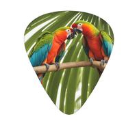 Guitar plectrums 12-pack Comfortable in the hand with smooth edges Three thicknesses to match Two Parrots on Green Palm Tree Picture
