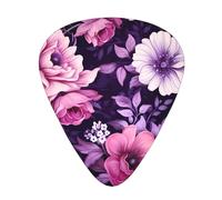 Guitar plectrums 12-piece set Comfortable in the hand with smooth edges Three thicknesses to match Pink and Purple Floral Picture