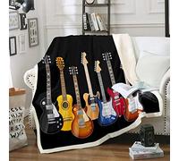 Guitar Printed Fleece Blanket Rock Music Themed Warm Plush Blanket for Sofa Couch Colorful Musical Pattern Sherpa Throw Blanket Hip Hop Stripe Style Fuzzy Blanket Bedroom Decor Double 60"x79"