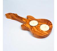Guitar Shaped Olive Wood Tealight Candle Holder - Handmade Rustic Candle Display for Music Lovers - Holds 2 Tealights - Natural Wood Décor Accent for Home, Studio, or Gift