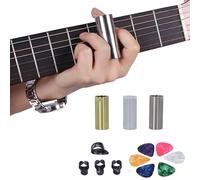 Guitar Slide Set, 1 Acrylic Guitar Slide, 1 Stainless Steel Guitar Slide, 1 Brass Guitar Slide, 6 Guitar Picks, 3 Celluloid Finger Pick, 1 Celluloid Thumb Pick, 1 Storage Box