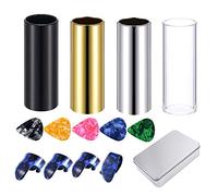 Guitar Slides,Set of 4 Medium Guitar Slides(Include 3 Colors Stainless Steel, 1 Pieces Glass), 5 Pieces Guitar Picks （Ramdon Color）and 4 Pieces Plastic Thumb & Finger Picks in Metal Box