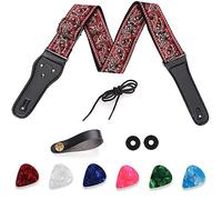 Guitar Strap 2" Wide Jacquard Embroidery Guitar Straps Electric Guitar Bass Leather Acoustic Guitar Ernie Ball Strap with Leather Ends 6 Guitar Picks 2 Strap Locks for Bass, Electric(Red Gray)