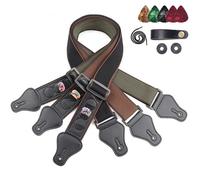 Guitar Strap, Cotton and PU Leather Bass Guitar Strap Acoustic Guitar Strap with 1 Strap Button, 2 Rubber Strap Lock, 5 Picks for Acoustic Electric Guitar (Black)