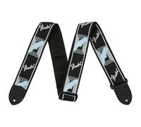 Guitar Strap, Fender Black-Light Grey-Blue Running Logo, Polyester, Leather Ends