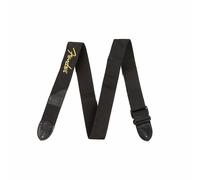 Guitar Strap, Fender Black Polyester, Leather Ends, Yellow Fender Logo