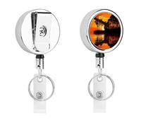 Guitar Tree Sunset Cute Retractable Metal ID Badge Holder Reel Clip Keychain for Office Work