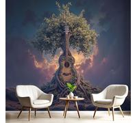 Guitar Trees Printed Wallpaper, Premium Non-Woven Fantasy Surreal Wall Mural, Green Photo Wallpaper, for Living Room Bedroom Home Office Wall Decoration - 300 x 210 cm