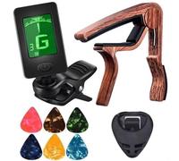 Guitar Tuner and Guitar Capo Set Clip-On Tuner Rosewood Color Capo LCD Display Tuner for Acoustic Electric Guitar Bass Ukulele with Picks