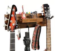 Guitar Wall Mount,Solid Wood Guitar Wall Hanger with 3 Storage Hooks and 2 Rotatable Rubber Guitar Hanger