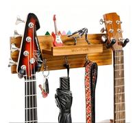 Guitar Wall Mount,Solid Wood Guitar Wall Hanger with 3 Storage Hooks and 2 Rotatable Rubber Guitar Hanger,Guitar Display Stand with Shelf and Pick Holder for All Size Guitar-Zebra Wood Color