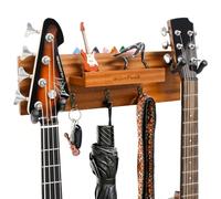 Guitar Wall Mount,Solid Wood Guitar Wall Hanger with 3 Storage Hooks and 2 Rotatable Rubber guitar hanger,Guitar Display Stand with Shelf and Pick Holder for All Size Guitar-Sapele Wood Color