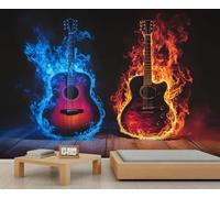 Guitar Wall Murals, Ice and Fire Large Mural, Passion Rock Wallpaper for Bedroom, Guitar Wallpaper - 400x280cm (Not Peel n' Stick)