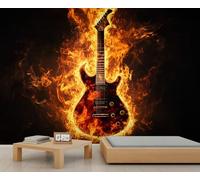 Guitar Wallpaper, Flame Rock Style Large Mural, Music Mural Wallpaper for Bedroom, Guitar Wall Mural - 100x70cm (Not Peel n' Stick)