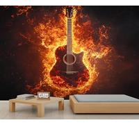 Guitar Wallpaper, Flame Rock Style Large Mural, Music Mural Wallpaper for Bedroom, Guitar Wall Mural - 100x70cm (Not Peel n' Stick)