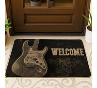 Guitar Welcome Doormat, Black Rock Music Entrance Mat for Indoor & Outdoor Decor, Non-Slip Rubber Dust Control, Easy to Clean 29x17 Inch