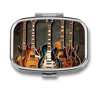 Guitars Art Pill Box 2 Compartments Portable Travel Pill Case Mini Medicine Organizer for Pocket Purse Metal Waterproof Medicine Container Holder Vitamin Fish Oil