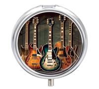 Guitars Art Pill Case with 3 Compartments - Portable Travel Pill Organizer for Purse, Easy-Open Button Design, Small Round Pillbox Vitamin Holder Organizer for Women Men
