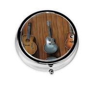 Guitars Art Round Pill Box - Full Print Design, Metal Electroplated Compact Medicine Case for Travel, Fits Pockets & Wallets