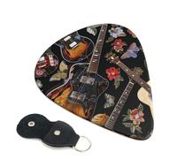 Guitars Printed Guitar Picks, 6 Pack with Leather Keychain Pick Holder - 0.46mm, 0.71mm, 0.96mm Assorted Thickness for Acoustic Ukulele, Electric Guitar, Acoustic Guitar, Bass