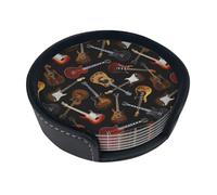 Guitars Round PU Leather Coaster, Heat-Resistant, fit for Protecting Family and Office Dining Tables