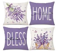 Gujiahone Lavender Floral Throw Pillow Covers 18 x 18 Set of 4 Sweet Home Bless This Home Purple Spring Summer Decorative Cushion Cases for Sofa Couch Living Room Outdoor Home Decor