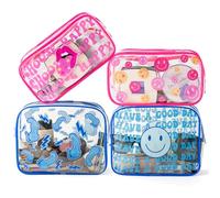 GUjianzhi Preppy Pink Blue Clear Cosmetic Bags, 4Pcs Have A Good Day Happy Face Transparent PVC Makeup Bag, Waterproof Portable Toiletry Clutch Purse Zippered Pencil Case Travel Organizer for Women,