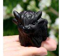 GUJOXILA 2" Black Obsidian Highland Cow Healing Cryatal Ornaments Highland Cow Cryatal Gifts for Women Statue Figurine Kitchen Office Desk Home Decor Lucky Cute Small Gifts