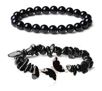 GUJOXILA 2pcs Black Obsidian Crystal Beaded Bracelets for Womens Black Obsidian Healing Bracelet Layered Butterfly Bow Gemstone Bead Ladies Girls Bracelets Protection Lucky Bracelet Gifts