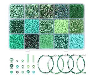 GUJOXILA Green Seed Beads Embroidery Beads Kit Green Glass Seed Bugle Bead Set 2mm 3mm 4mm Small Bead for Bracelet Jewelry Making Crafting 15 Colour