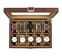 GUKA Watch Box, 10 Slot Watch Case with Real Glass Lid, Wood Watch Display Case with Cloth Watch Pillow, Watch Storage Box for Men and Women, Brown