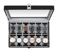 GUKA Watch Box, 12 Slot Watch Case with Large Real Glass Lid, Watch Organizer with Removable Watch Pillow, Black Synthetic Leather Watch Display, Black