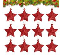 Gukasxi 12Pcs Glitter Stars Hanging Ornaments Christmas Tree Decorations 5cm Pentagram Hanging Ornaments 3D Glitter Star Pendants for Xmas Tree Ornament Gift Wrapping Decor (Red)