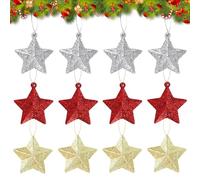 Gukasxi 12Pcs Glitter Stars Hanging Ornaments Gold Silver Red Christmas Tree Decorations 5cm Pentagram Hanging Ornaments 3D Glitter Star Pendants for Xmas Tree Ornament Gift Wrapping Decor